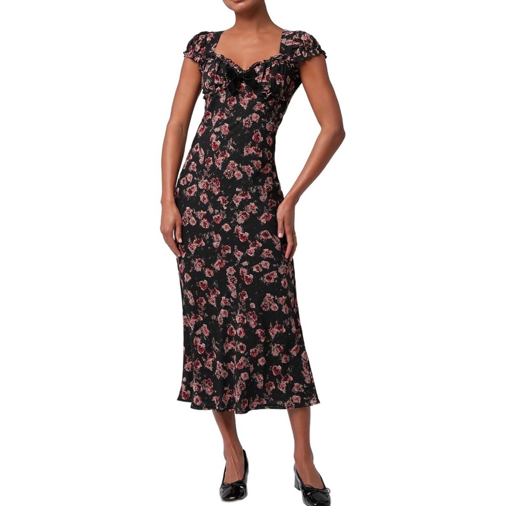 Lulu's NWT Willa Cap‎ Sleeve Midi Dress Black Floral Sz XL Sweetheart Neckline